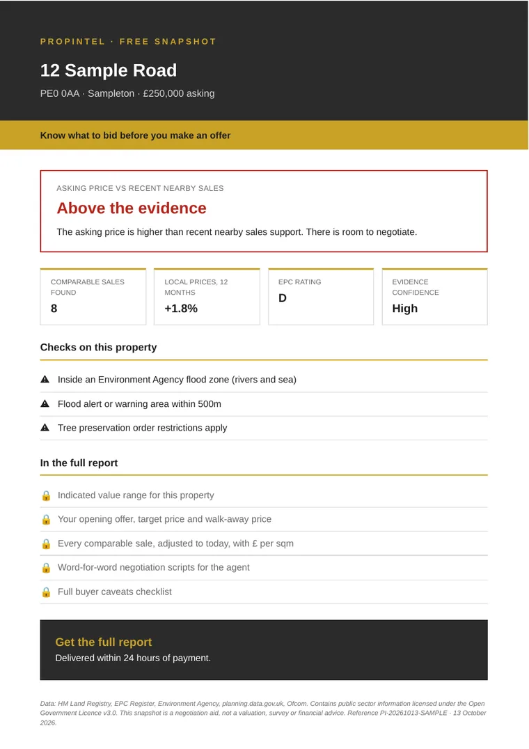 Example one-page free snapshot showing the asking price is above the evidence, with flood and planning flags.